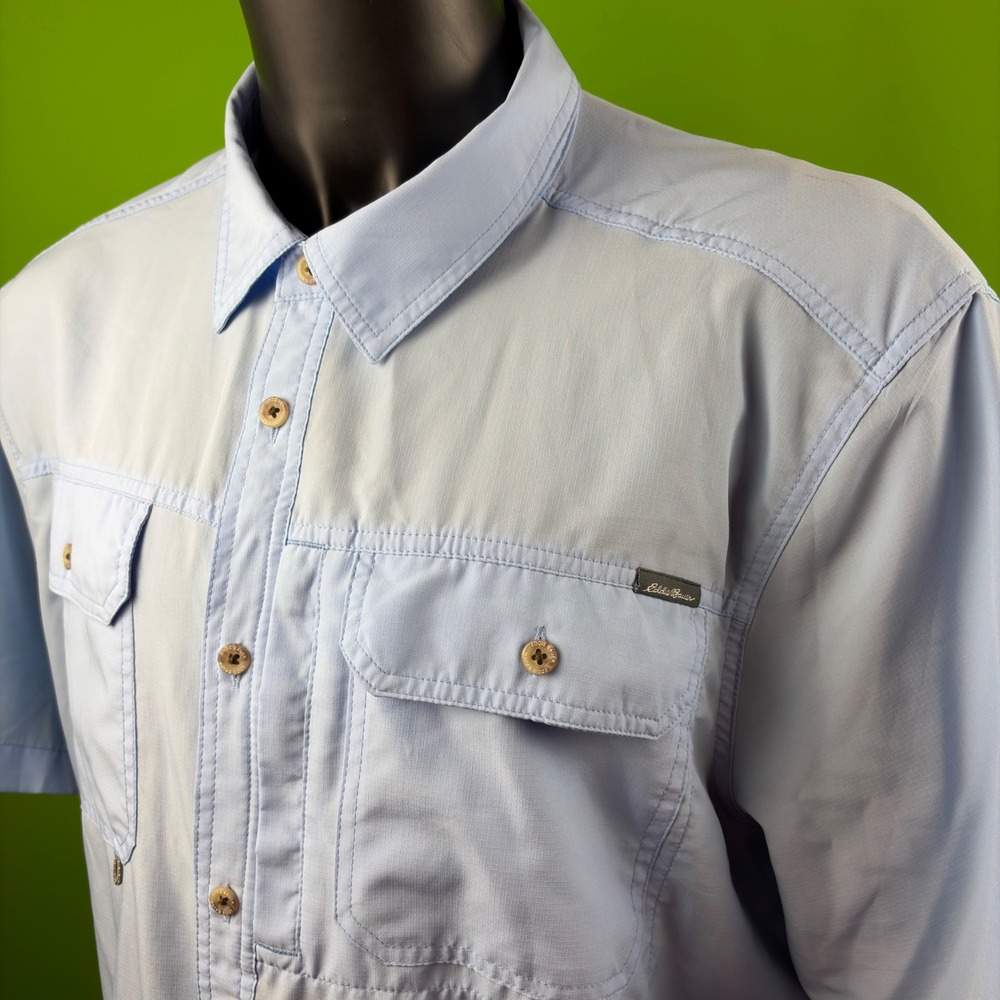Eddie Bauer Mens 2X Blue Danube Woven Tech Vented Fishing Hiking Shirt UPF 50